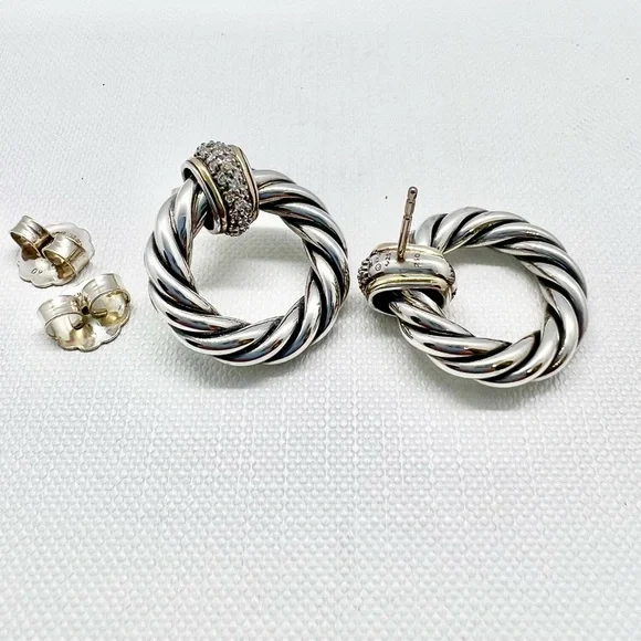 David Yurman Sterling Silver 18k Diamond Cable Door Knocker Earrings - Picture 8 of 12
